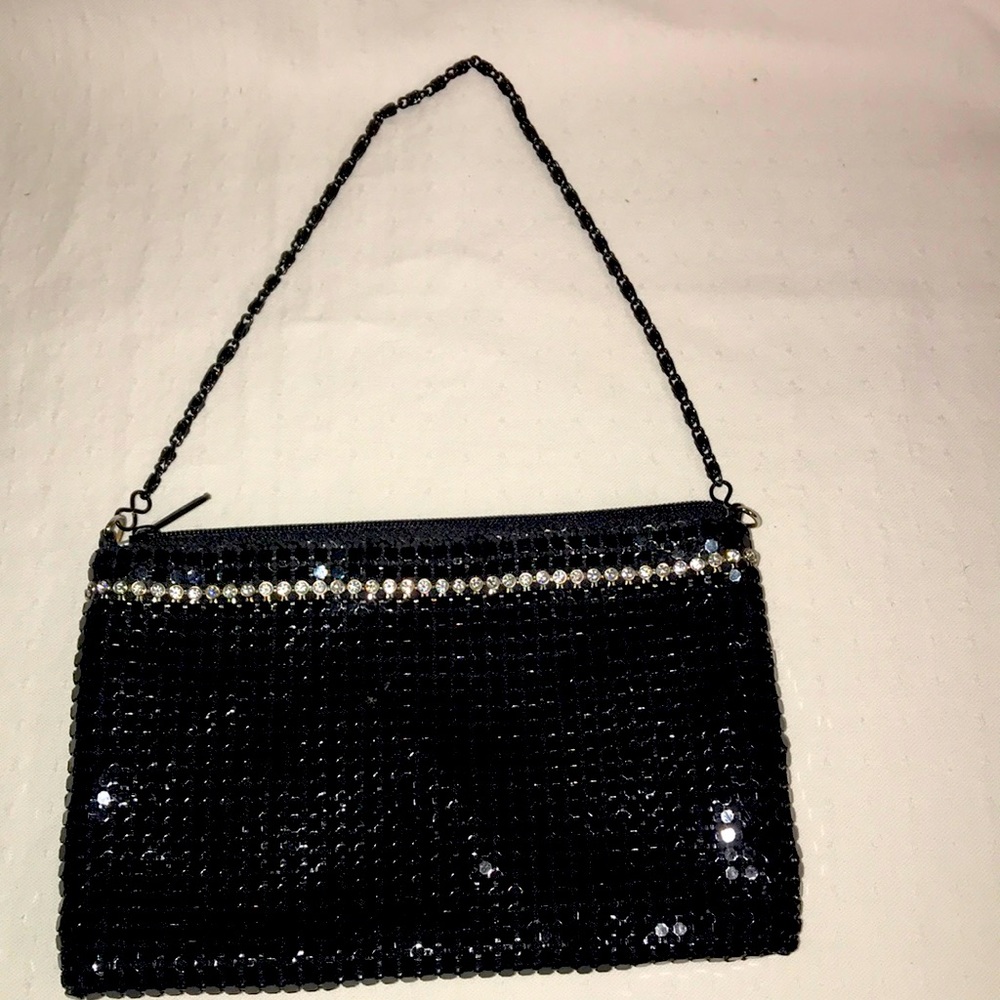 Black Sequined with Rhinestone Trim Small Clutch